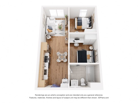 Floor plan for 2 beds, 1 bath, 571 sqft